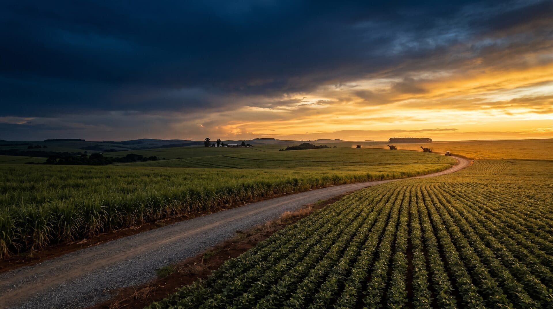Plantação ao entardecer representando a força do agronegócio brasileiro