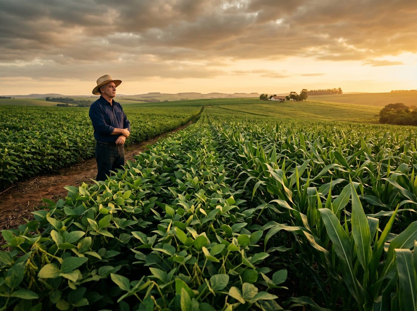 Produtor rural em sua lavoura, simbolizando a defesa jurídica do agronegócio